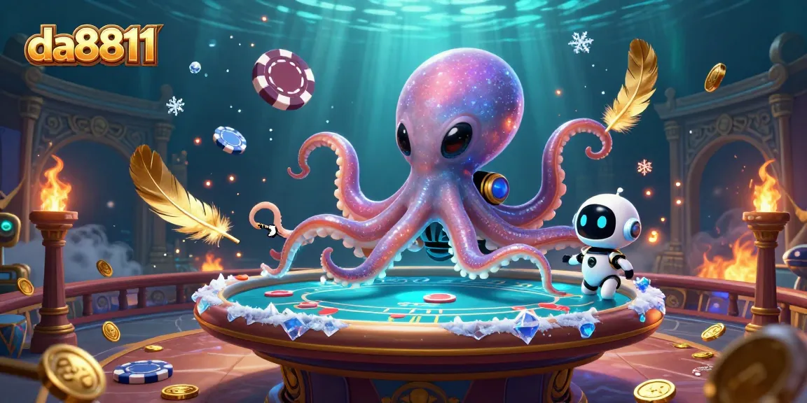 Experience thrilling gambling action with da8811, a lively poker scene featuring an alien octopus and its robot companion.