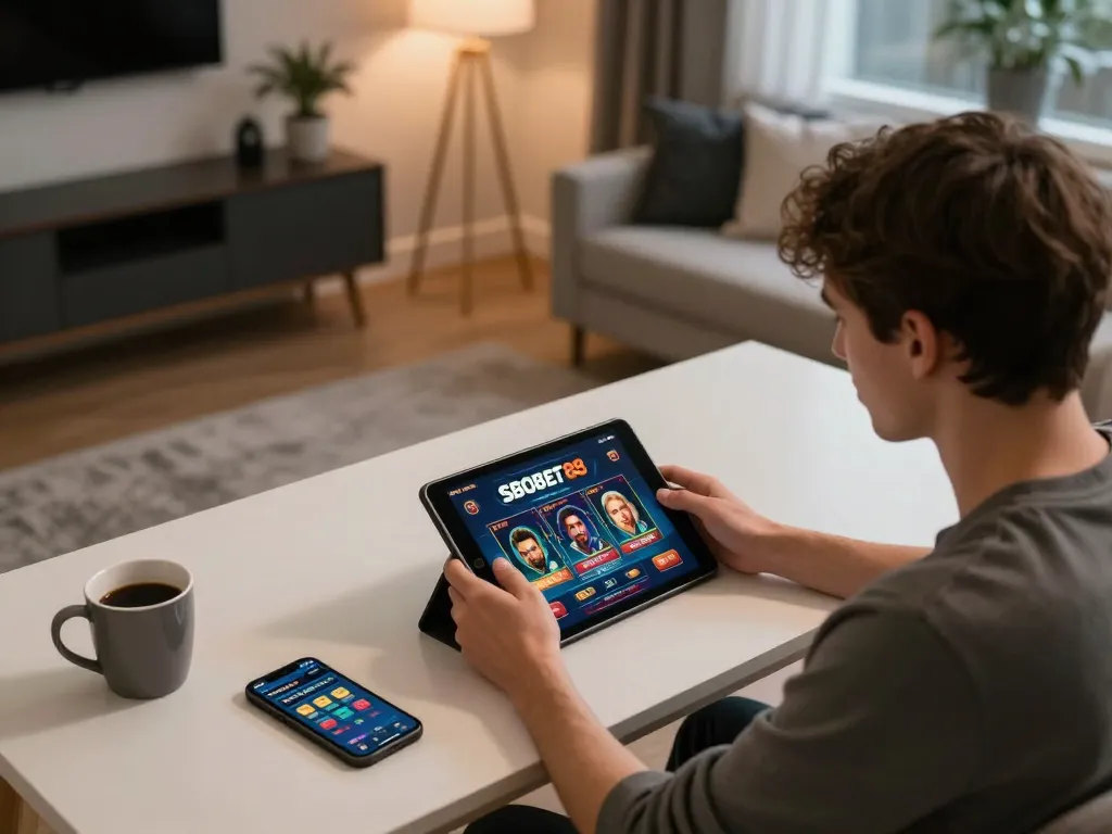 SBOBET88 adegan permainan seseorang yang terlibat dengan aplikasi taruhan online di pengaturan rumah yang nyaman, fokus pada kegembiraan kasino online.