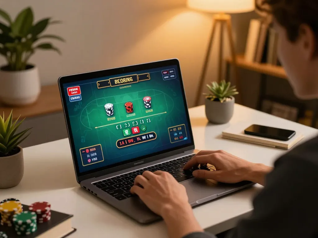 Engaging live dealer blackjack gameplay on OnBet laptop setup, showcasing strategic betting.