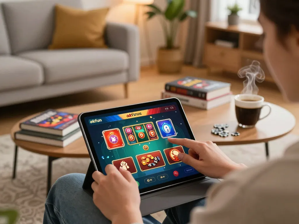 Engaging with the okfun casino app while enjoying a cozy home atmosphere, showcasing mobile gaming action