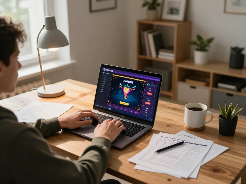 Player engaging with HM88 online casino session on laptop at home, showcasing cozy gaming setup