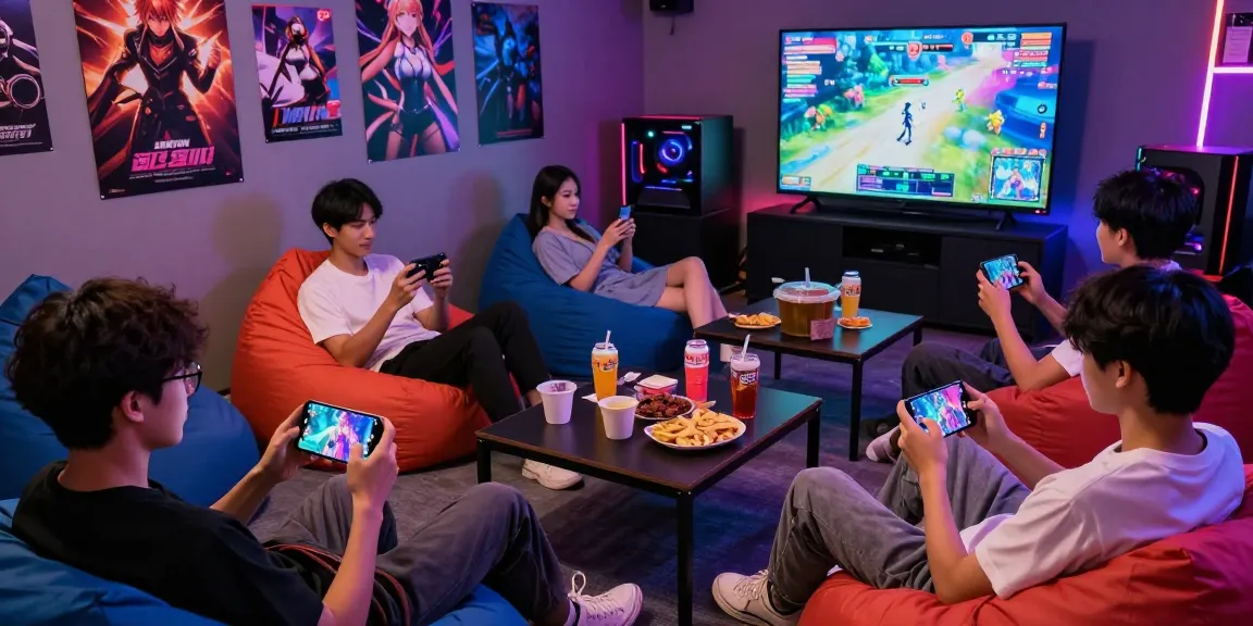 Group of friends playing mobile hentai game in a vibrant gaming lounge with interactive graphics and snacks.