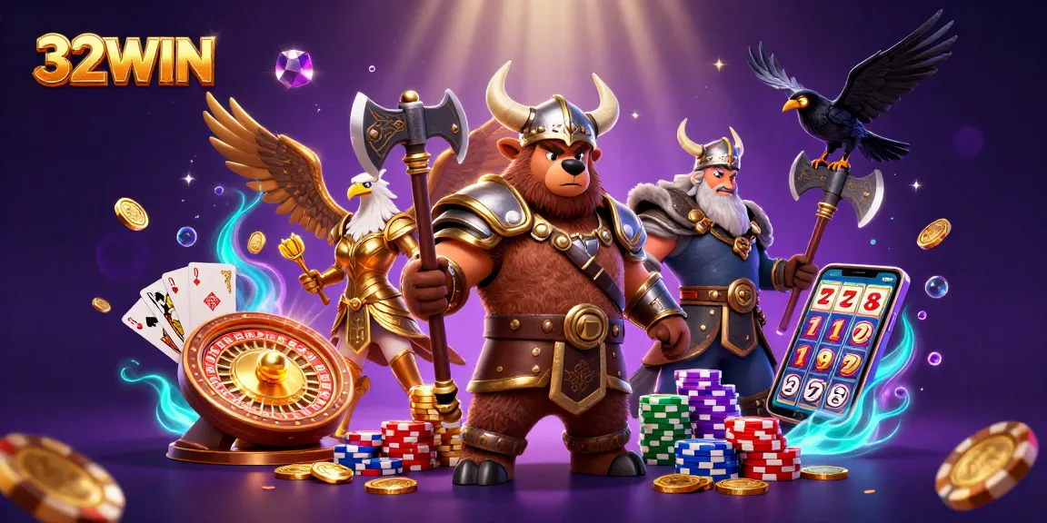 Engage in thrilling action with 32WIN gaming elements represented by a vivid 3D illustration.