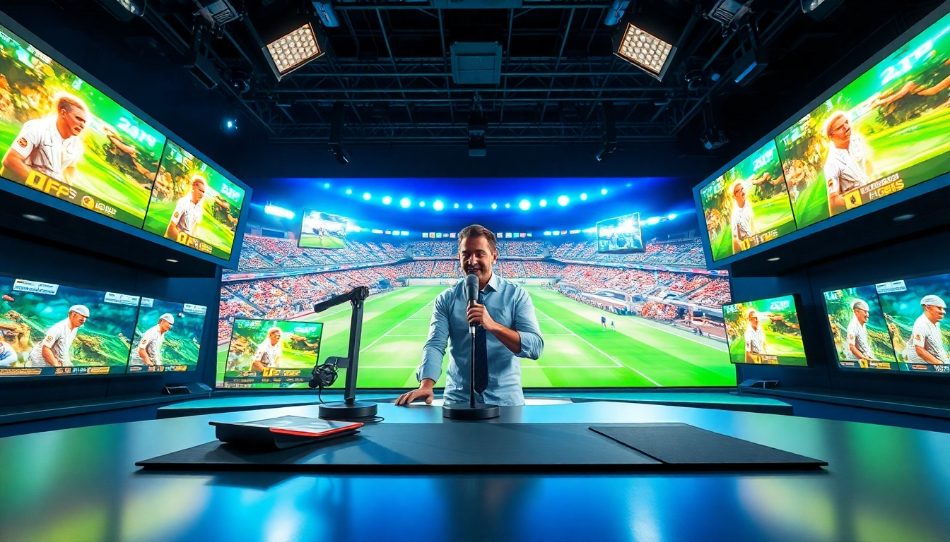 Engaging sports broadcasting studio capturing a live event with dynamic visuals.