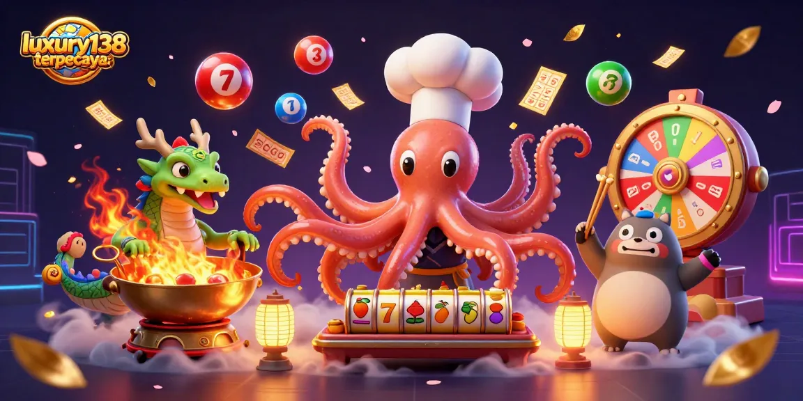 Engaging illustration showcasing luxury138 terpecaya with vibrant slot reels, lottery elements, and celebratory characters.