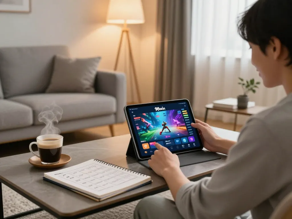 Engaging user's experience with app 98win for online gaming on tablet in a cozy home setting.