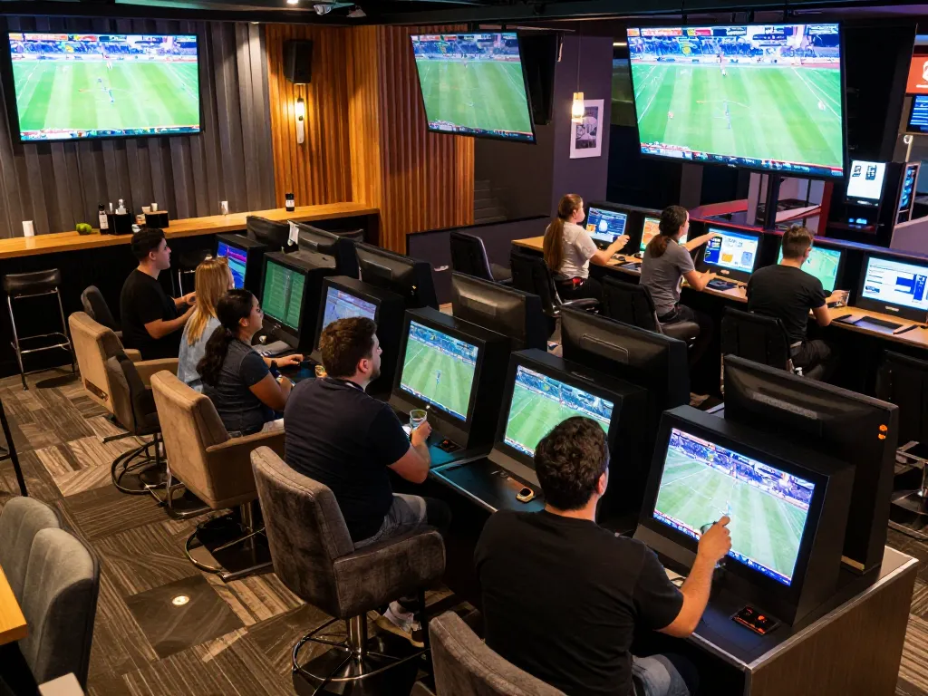 Engaging bettors placing wagers in a vibrant sports betting lounge showcasing bsport technology