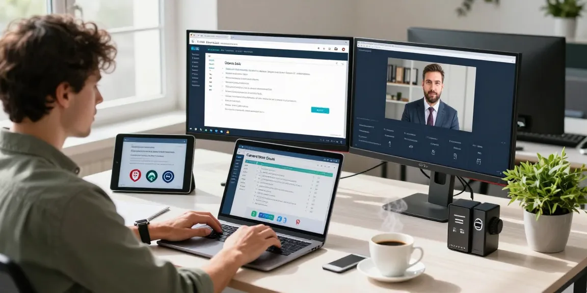 Dynamic cybersecurity workspace highlighting cybersmart compliance metrics on dual monitors, IT specialist focused on laptop.