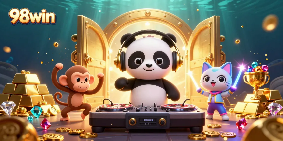 Experience dynamic gaming fun with 98win featuring DJ panda, breakdancing monkey, and rave kitten