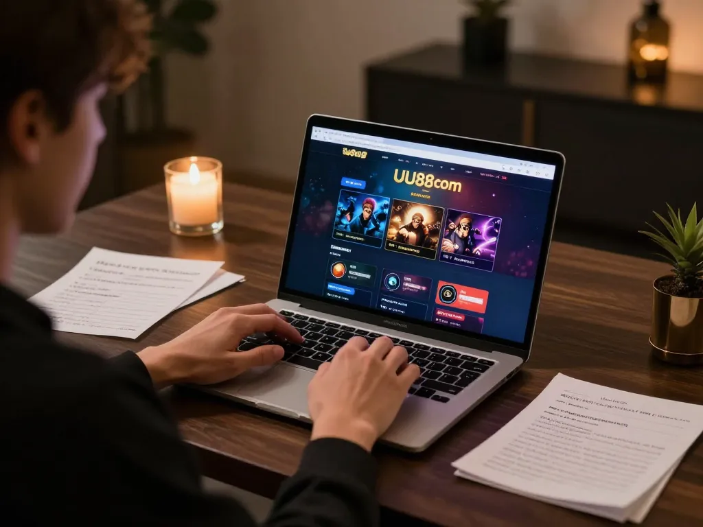 Playing casino games at home with UU88 com on laptop, strategic notes in view.