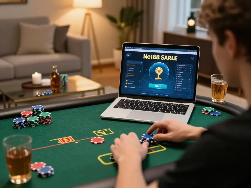 Engaging in a poker game on casino net88 platform while surrounded by chips and a warm ambiance.