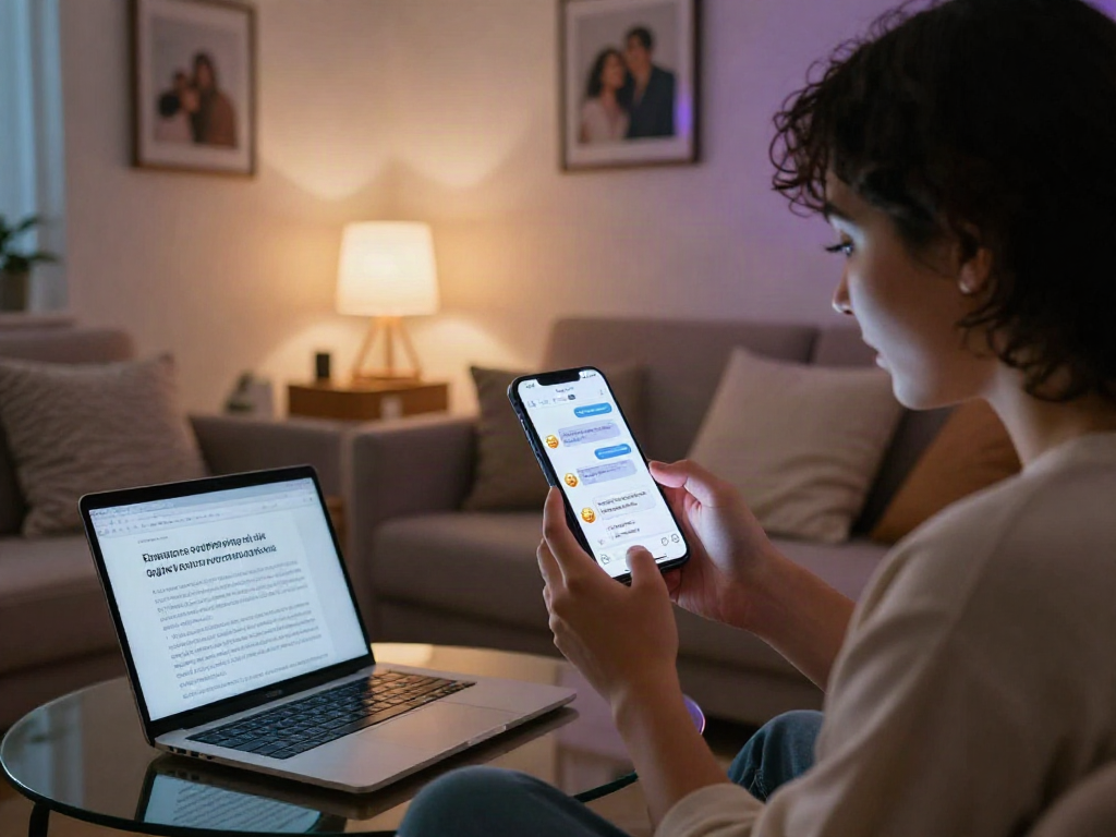 Couple sharing playful sexting ai moments on their smartphone in a cozy living room.