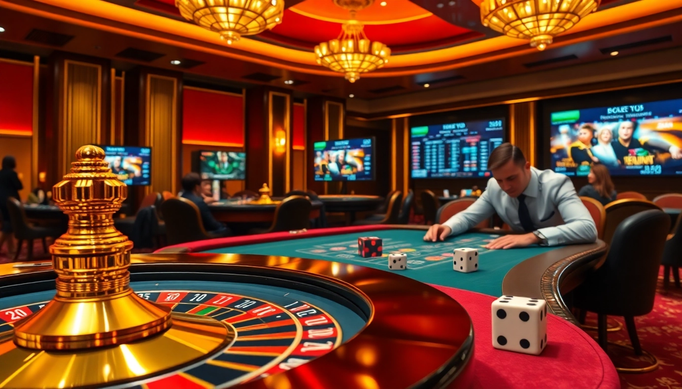 Experience trực tiếp bóng đá cakhiatv excitement in a luxurious casino setting with engaging players and vibrant tables.