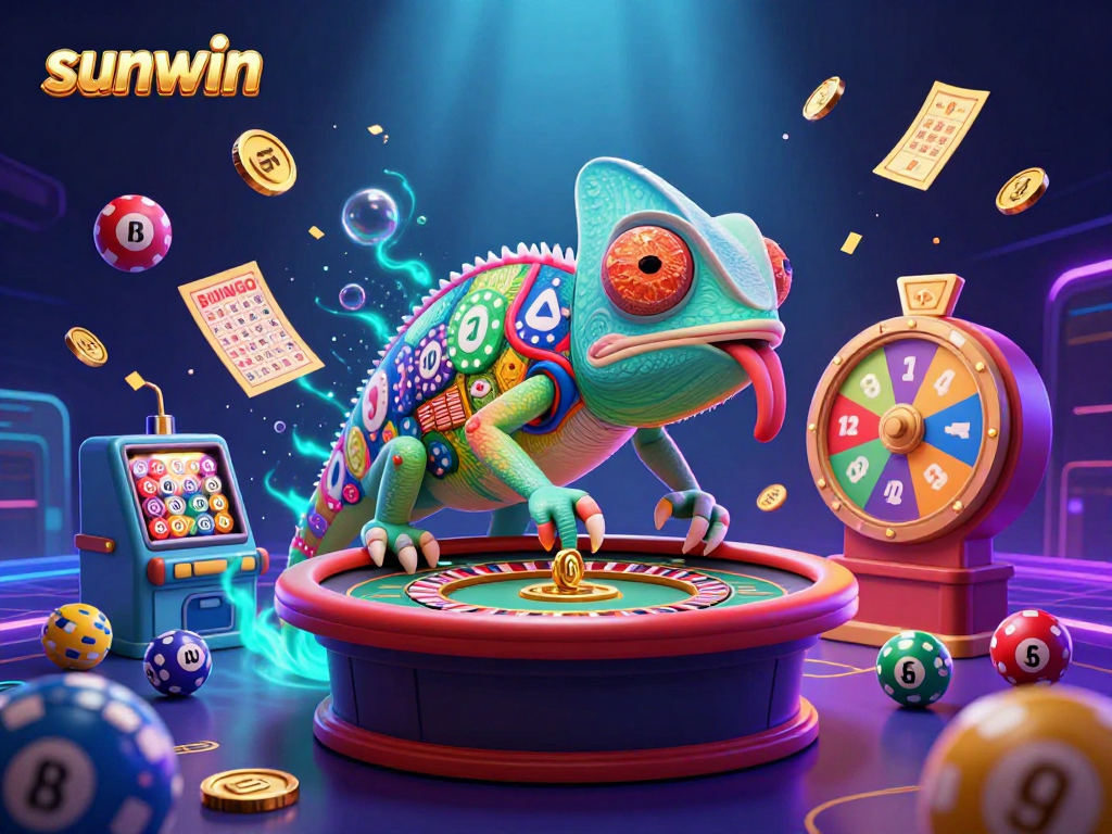 Engage with sunwin game action featuring dynamic chameleon casino characters amidst vibrant gambling elements.