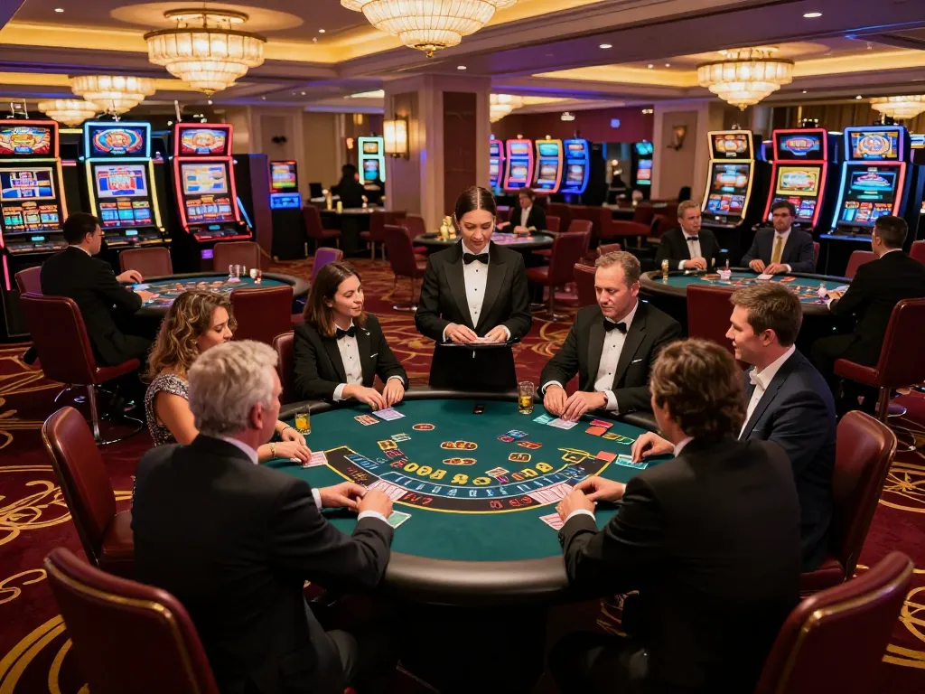 Players engage in blackjack strategy at Five88 casino table amidst vibrant casino atmosphere