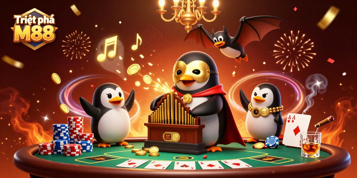 Engaging scene depicting Triệt phá M88 with a penguin organist and poker action, capturing the thrill of gambling.