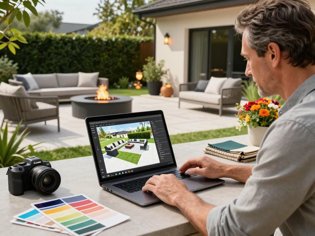 Designer using configuratore 3D outdoor tool to create a stylish patio layout with vibrant greenery and modern furniture.