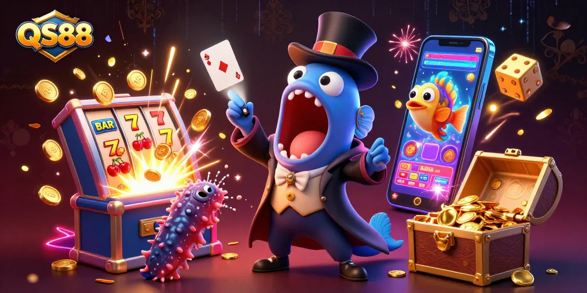 Experience the thrill of QS88 with magical card tricks in a rich, colorful casino scene!