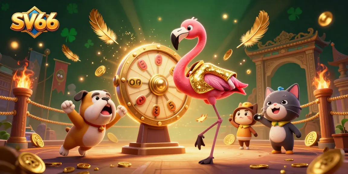 Exciting SV66 online casino scene featuring a flamingo host, bulldog contestant, and cat assistant surrounded by vibrant casino elements.