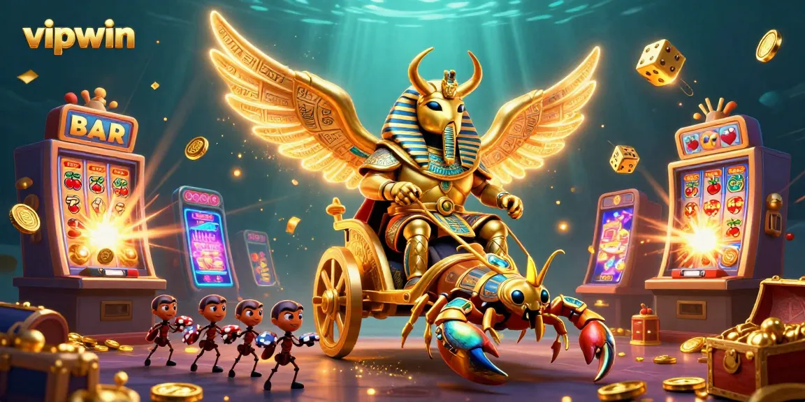 Experience thrilling gaming adventures with vipwin's vibrant casino game scene featuring golden scarabs and jackpot reels.