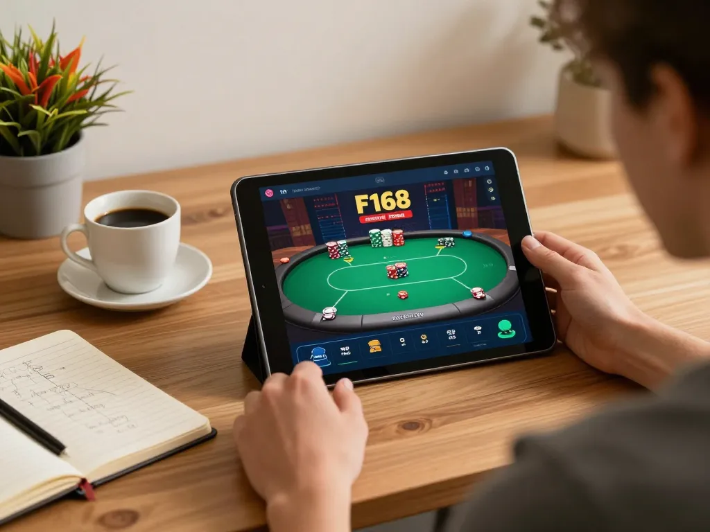 Player enjoying the F168 casino app on a tablet in a cozy home setting, highlighting a relaxed gaming experience.