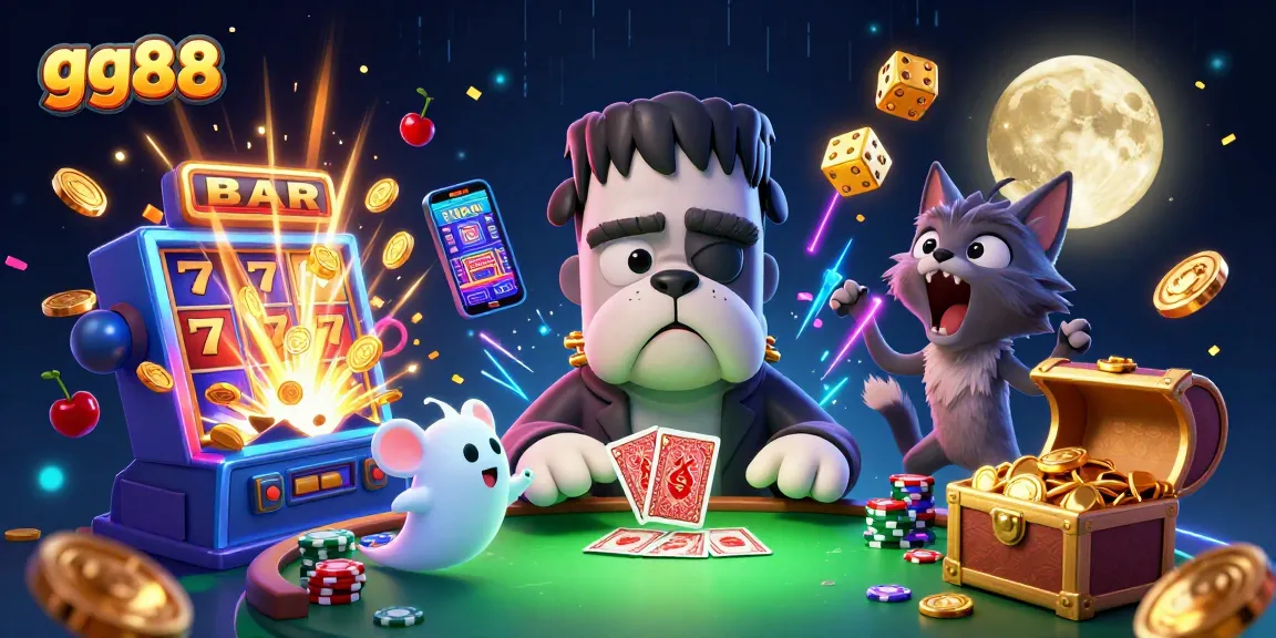 Interactive gg88 slot scene with a Frankenstein bulldog dealer and casino elements bursting with excitement.