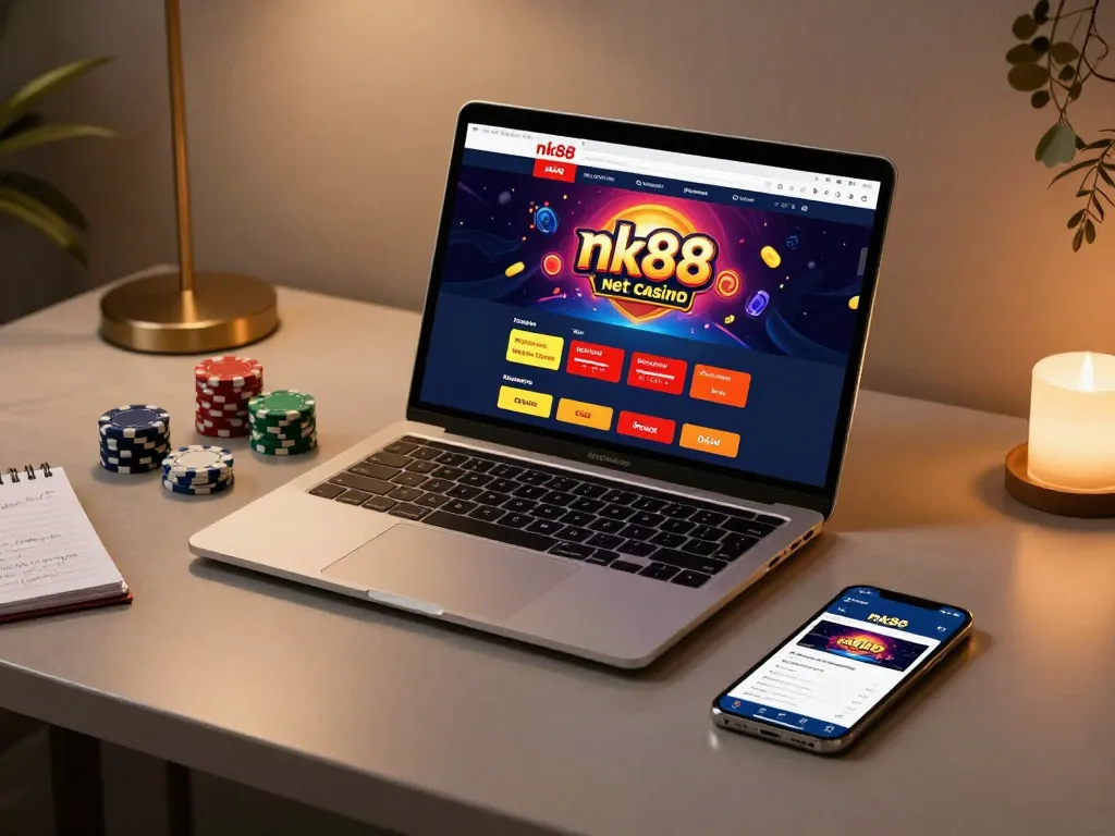 Engaging with nk88 net online casino on a modern setup, showcasing vibrant games and strategic planning