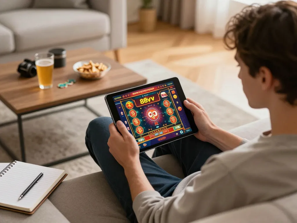 Player engaging in online gaming at home using the 88vv platform with a tablet, cozy atmosphere