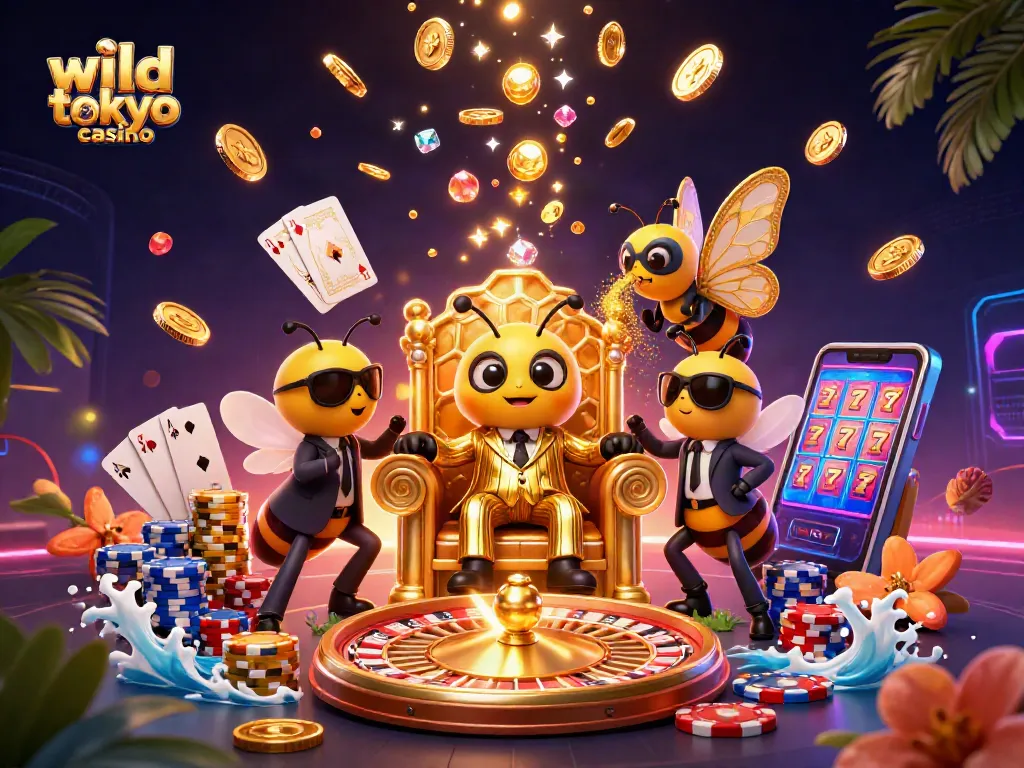 Experience the vibrant atmosphere of wild tokyo casino with a 3D digital illustration featuring dynamic characters and gambling elements.
