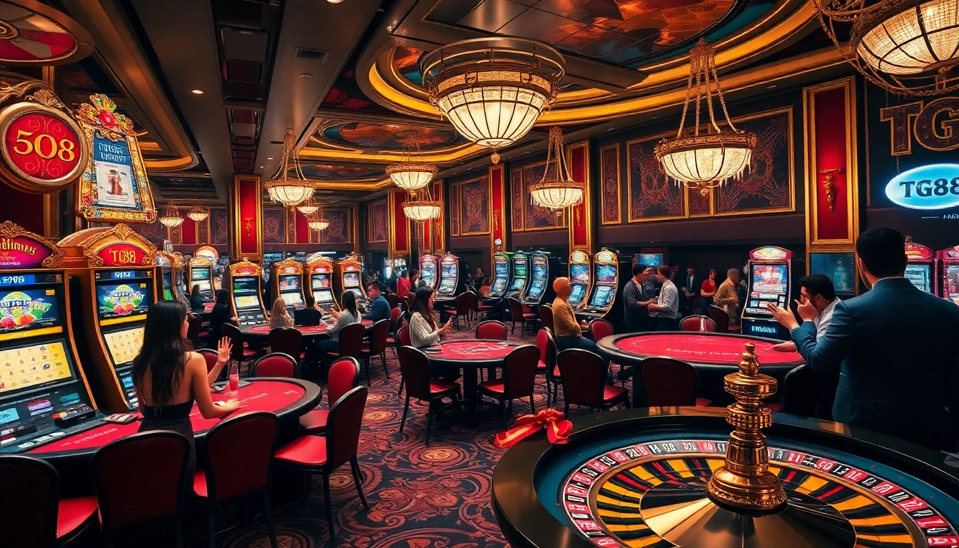 Dynamic casino experience featuring TG88 gaming tables and players celebrating wins.