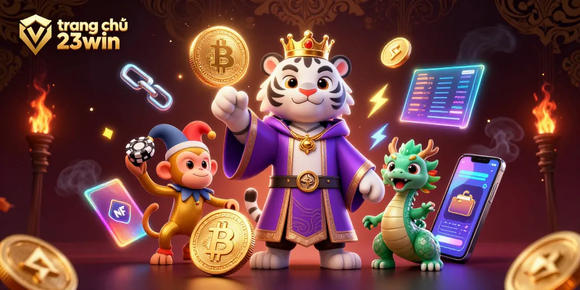 Experience the vibrant world of trang chủ 23win, where a white tiger leads a festive casino scene filled with energy.