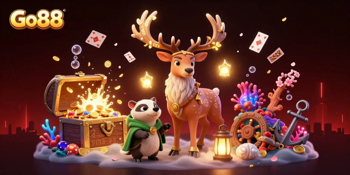 Experience Go88 with a vibrant 3D illustration showcasing gaming excitement and treasures in a magical atmosphere.