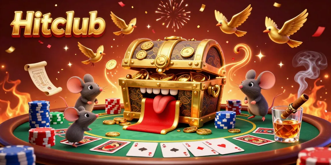 Hitclub gaming adventure with a golden treasure chest attracting players amidst vibrant casino elements.