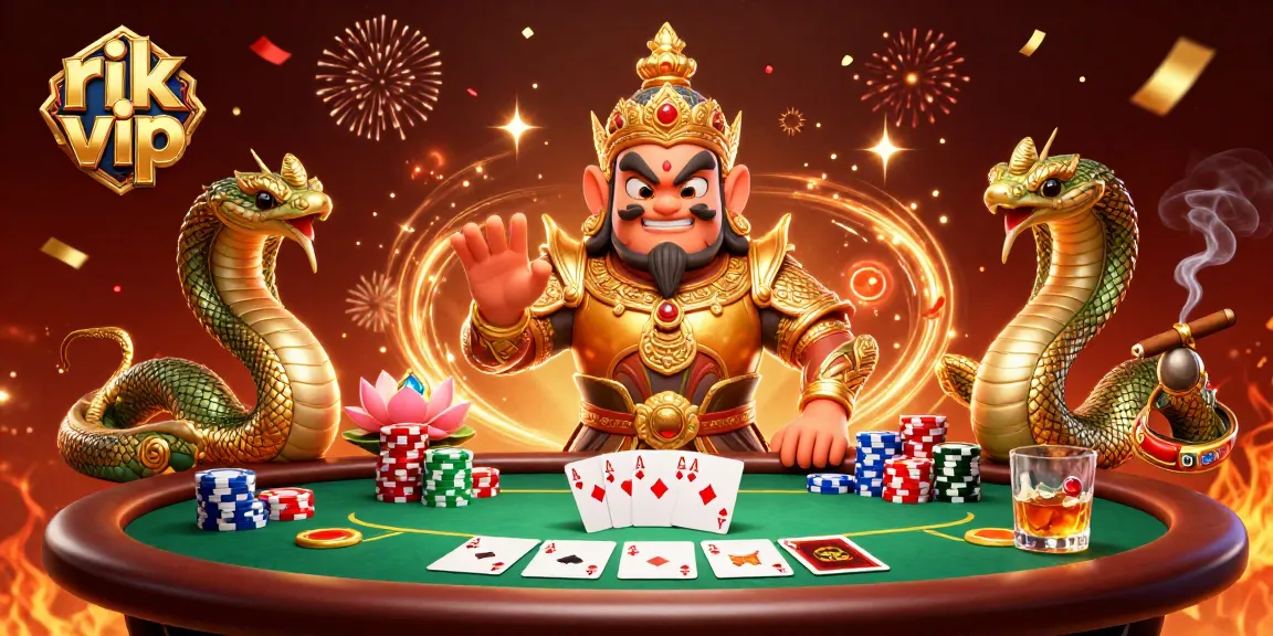 Engage with rik vip at a vibrant online casino experience with thrilling poker elements and festive visuals.