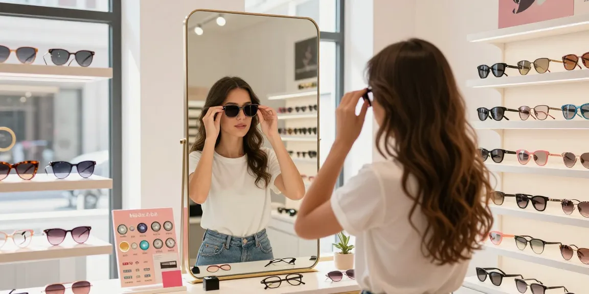 Teste de lentes de contato em loja de ótica, com variedade de modelos e luminosidade.