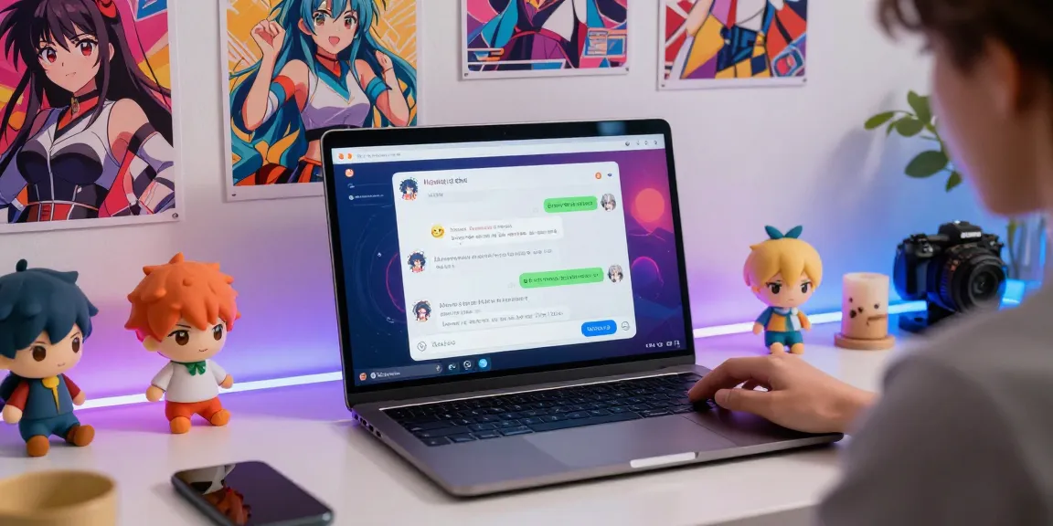 Engaging AI hentai chat platform scene showing user interacting with vibrant chatbot interface, rich anime-style visuals.