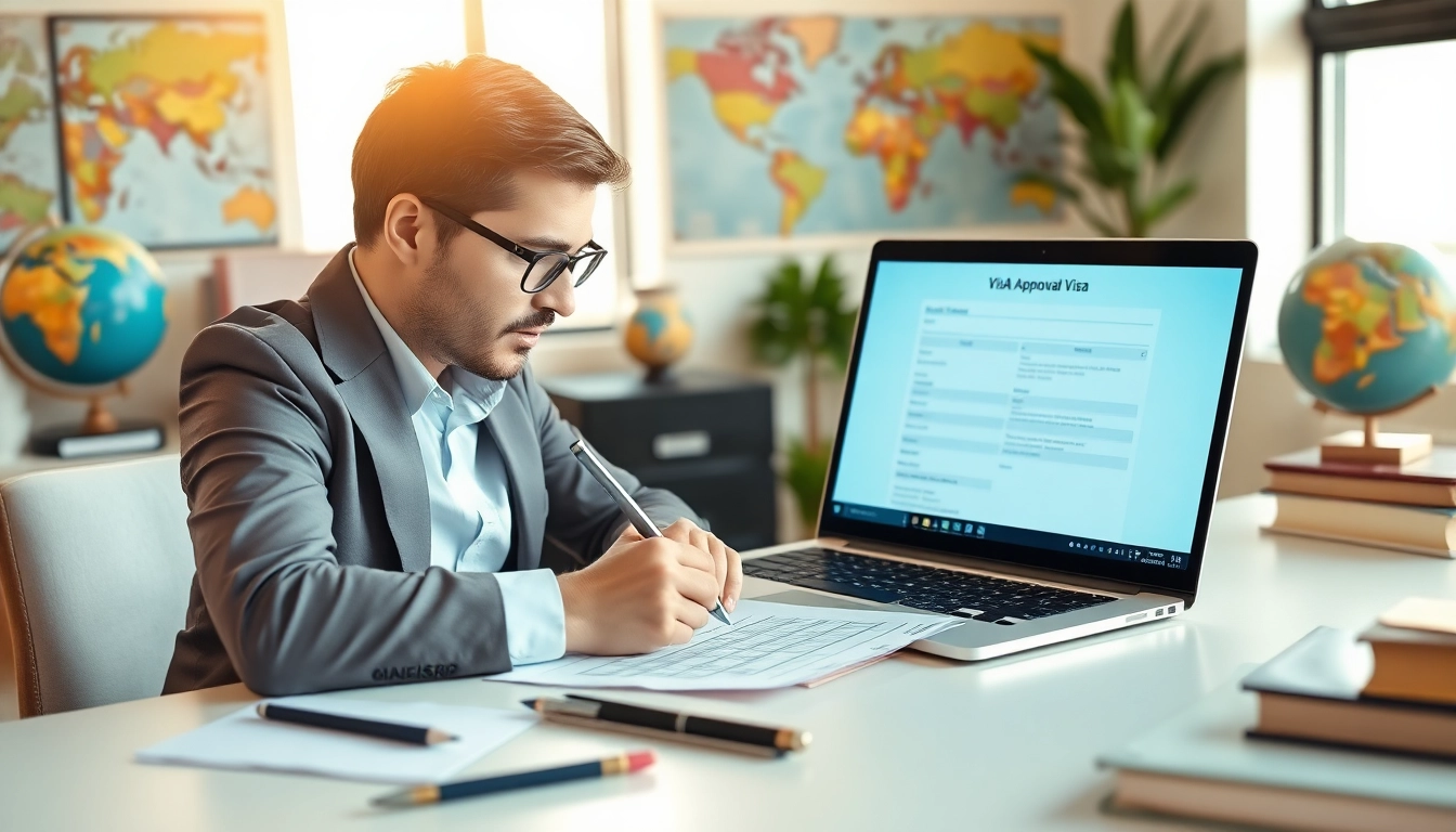 Filling out the eta uk application form in a modern office setting with travel maps.