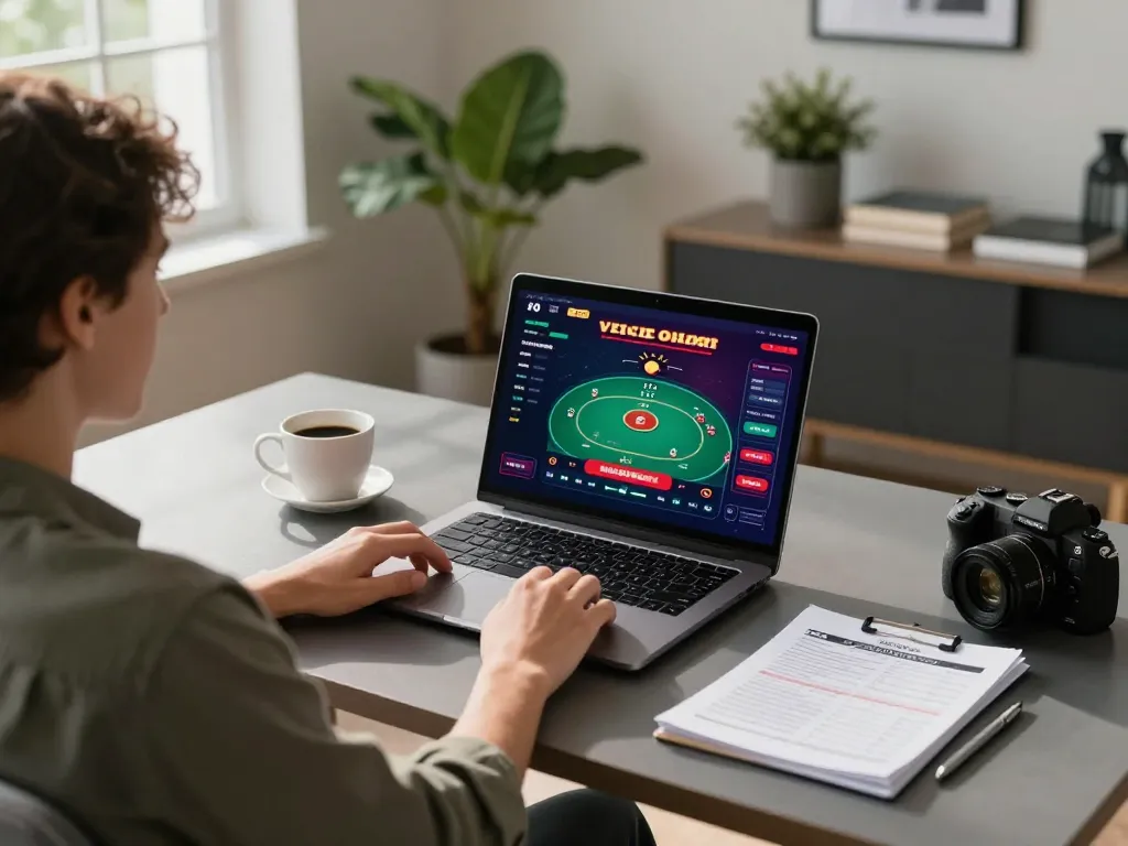 Enjoying online gaming at 98win with a laptop, capturing a strategic gaming moment.