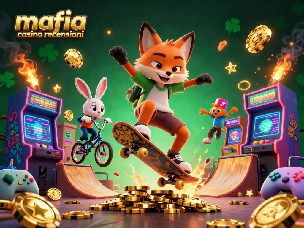Mafia Casino recensioni showcased with a skateboarder fox and BMX rabbit performing tricks over golden poker chips.