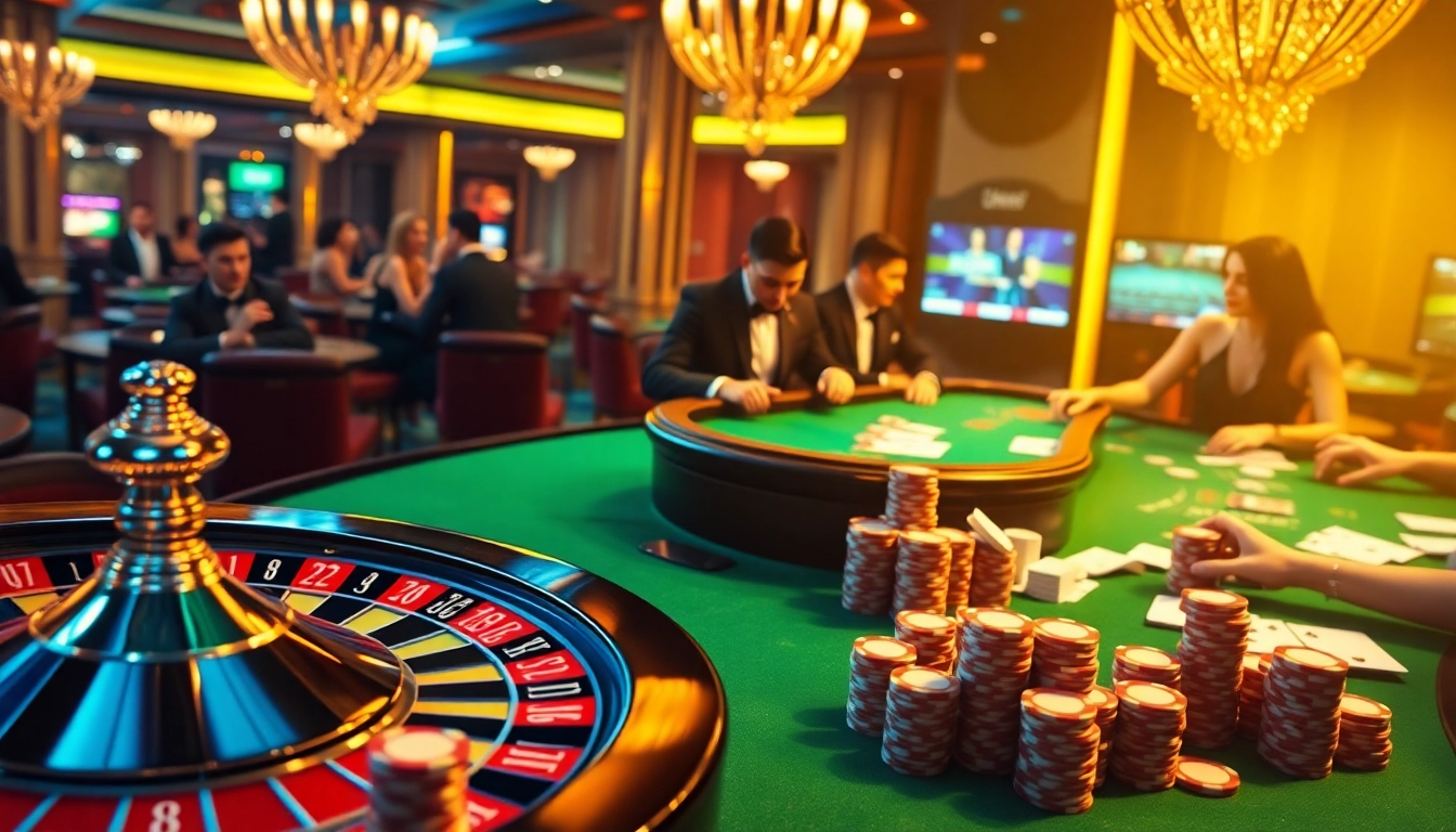 An exciting casino scene featuring players at UU 88 roulette and card tables, highlighting vibrant betting action.