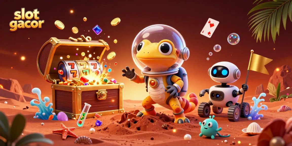 Menggali keseruan slot gacor, tampak gecko Martian berani di kasino emas dengan dinding merah, di tengah permainan yang menegangkan