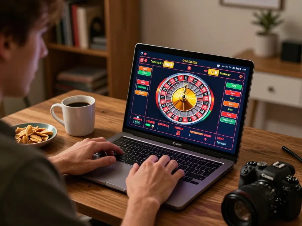 Engaging online casino experience, đăng ký BL555 with interactive roulette wheel on laptop screen, showcasing home gaming atmosphere