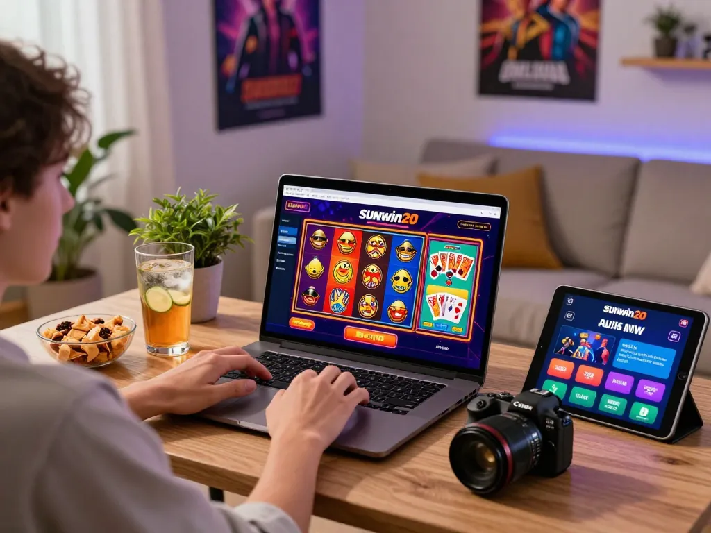 Engaging user interacting with the sunwin20 gaming platform on a laptop in a cozy setup.