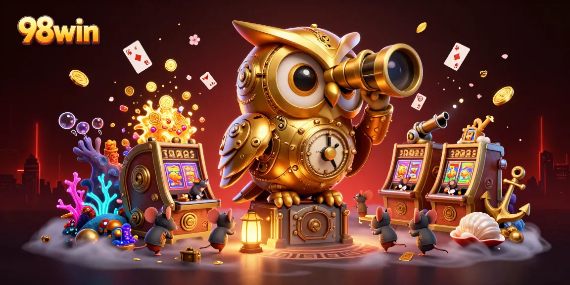 Experience thrilling gameplay at 98win with a lively 3D casino scene featuring unique characters.