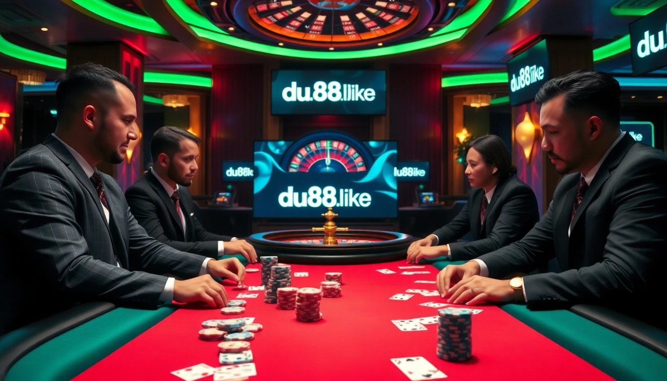 Engage in high-stakes gaming at du88.bike featuring a professional poker table and vibrant casino ambiance.