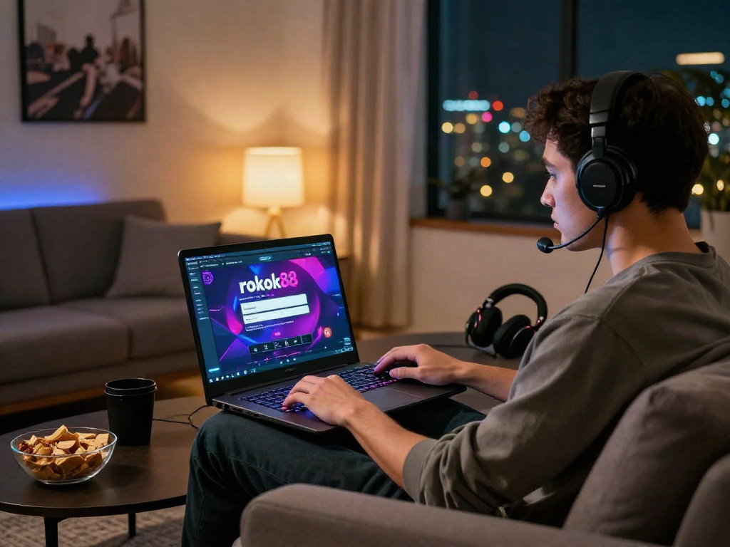Engaging rokok88 login experience in a cozy home gaming environment featuring a person using a laptop.