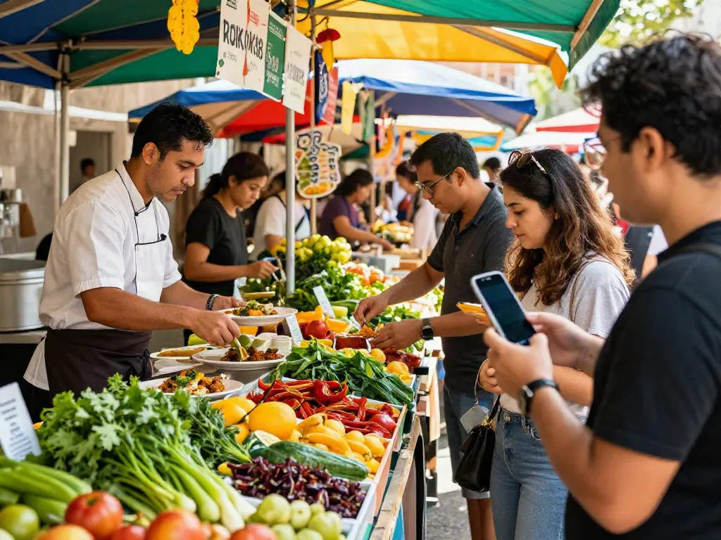 ROKOK88 login scene at a vibrant food market featuring chefs and fresh ingredients.