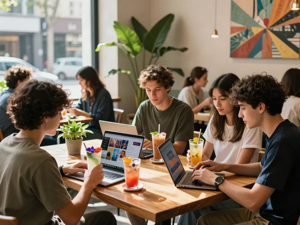Young adults enjoying rokok88 experience in a trendy café.