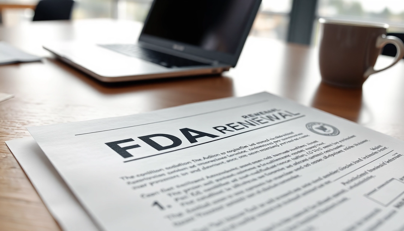 Rinnovo annuale fda usa con documenti ufficiali e laptop in ufficio.