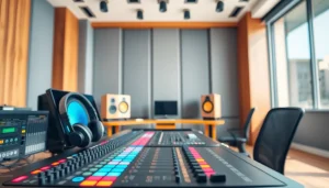 Engaging scene showcasing online audio mastering techniques in a professional studio environment.